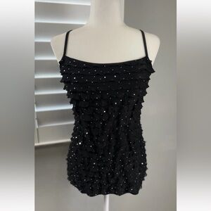 Charlotte‎ Russe Y2K L Juniors Black Beaded Sequin Ruffle Tank Top Party Blouse